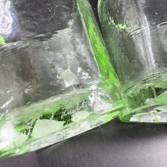 Fire & Light Green Recycled Glass Tumbler On the Rocks Square Signed Set 2 - Picture 7 of 16